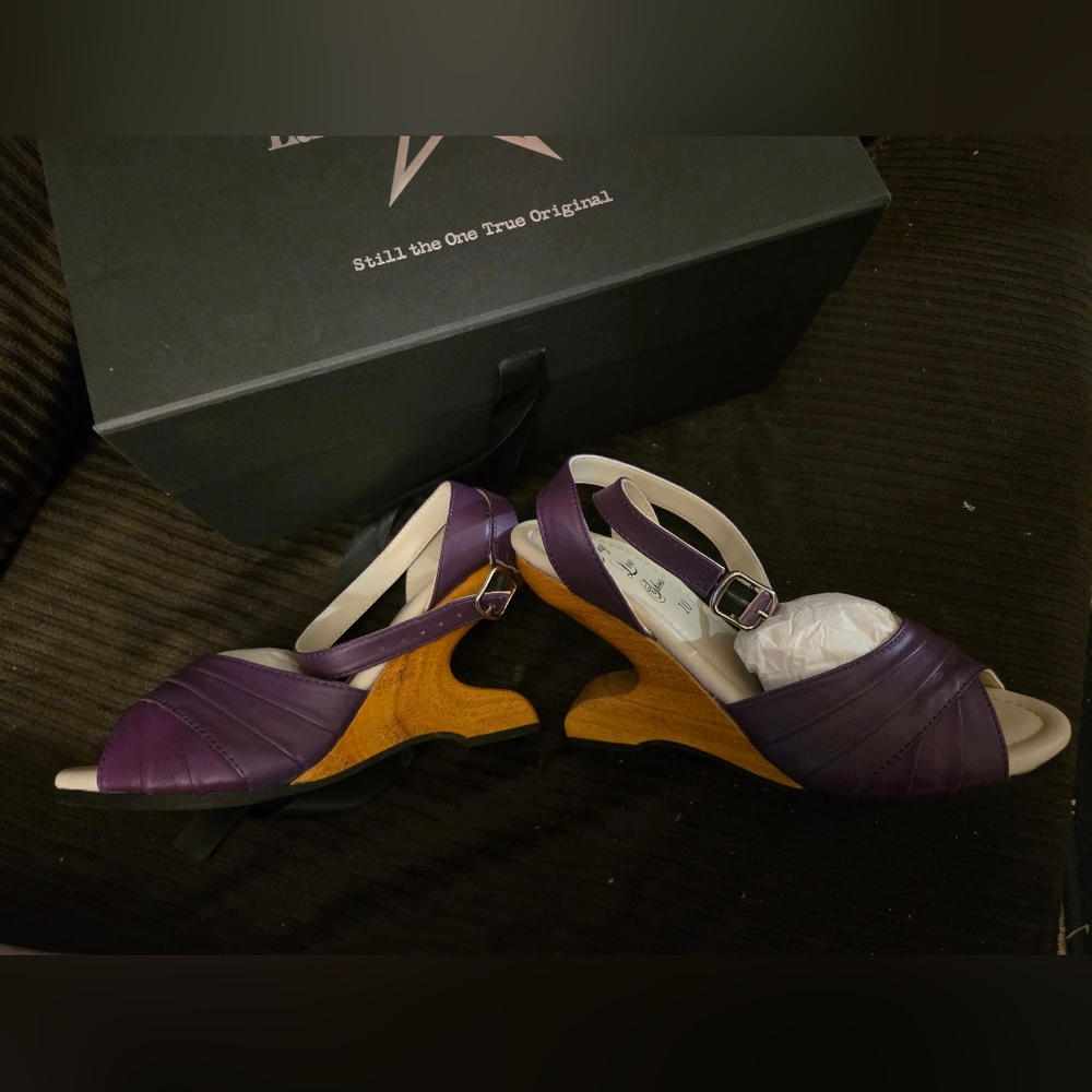 Lucky Lou Bang Purple Leather Boom Wedge Wood Heel Strap Sandal Nib Pinup 10 - Picture 5 of 11